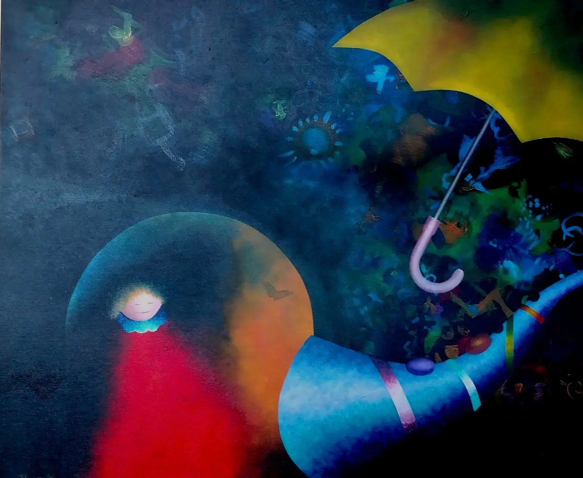 Esta pintura surrealista presenta una composición onírica contra un fondo oscuro y texturizado que insinúa un espacio cósmico. En el lado izquierdo, una figura pequeña y luminosa con una cara sencilla flota ingrávida sobre una columna de luz roja brillante, cerca de una gran esfera de tonos tierra que recuerda a un planeta o luna. El lado derecho está dominado por un paraguas amarillo flotante y un objeto azul vibrante similar a un cuerno con franjas de colores, creando una escena fantástica y misteriosa.