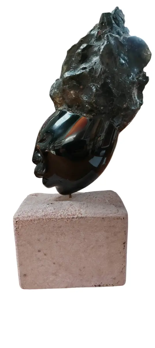 Esta obra escultórica presenta una cabeza estilizada en perfil, elaborada con un material oscuro y pulido que refleja la luz, coronada por una formación rocosa áspera y mate que se asemeja a un tocado o peinado dramático. La pieza descansa sobre una base rectangular de piedra de tonos claros, creando un fuerte contraste entre las texturas lisas y rugosas. El rostro exhibe rasgos simplificados y una expresión serena y enigmática.