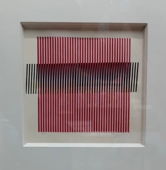 Esta obra de arte abstracta presenta una composición impactante de numerosas líneas verticales rojas que forman un gran rectángulo. Una banda horizontal de finas líneas negras cruza la matriz roja en el centro, creando un efecto óptico de profundidad y superposición. La disposición geométrica precisa de las líneas sobre un fondo claro y neutro le otorga una sensación dinámica y estructurada.