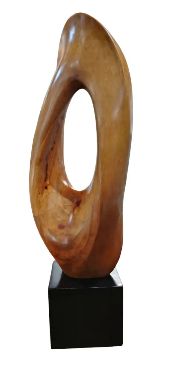 Una escultura abstracta de madera con formas orgánicas y fluidas se eleva elegantemente desde una base negra. La pieza central presenta una abertura ovalada, creando un vacío que interactúa con las curvas suaves del material. La veta natural y el acabado pulido de la madera en tonos cálidos le otorgan una presencia distintiva y sofisticada.